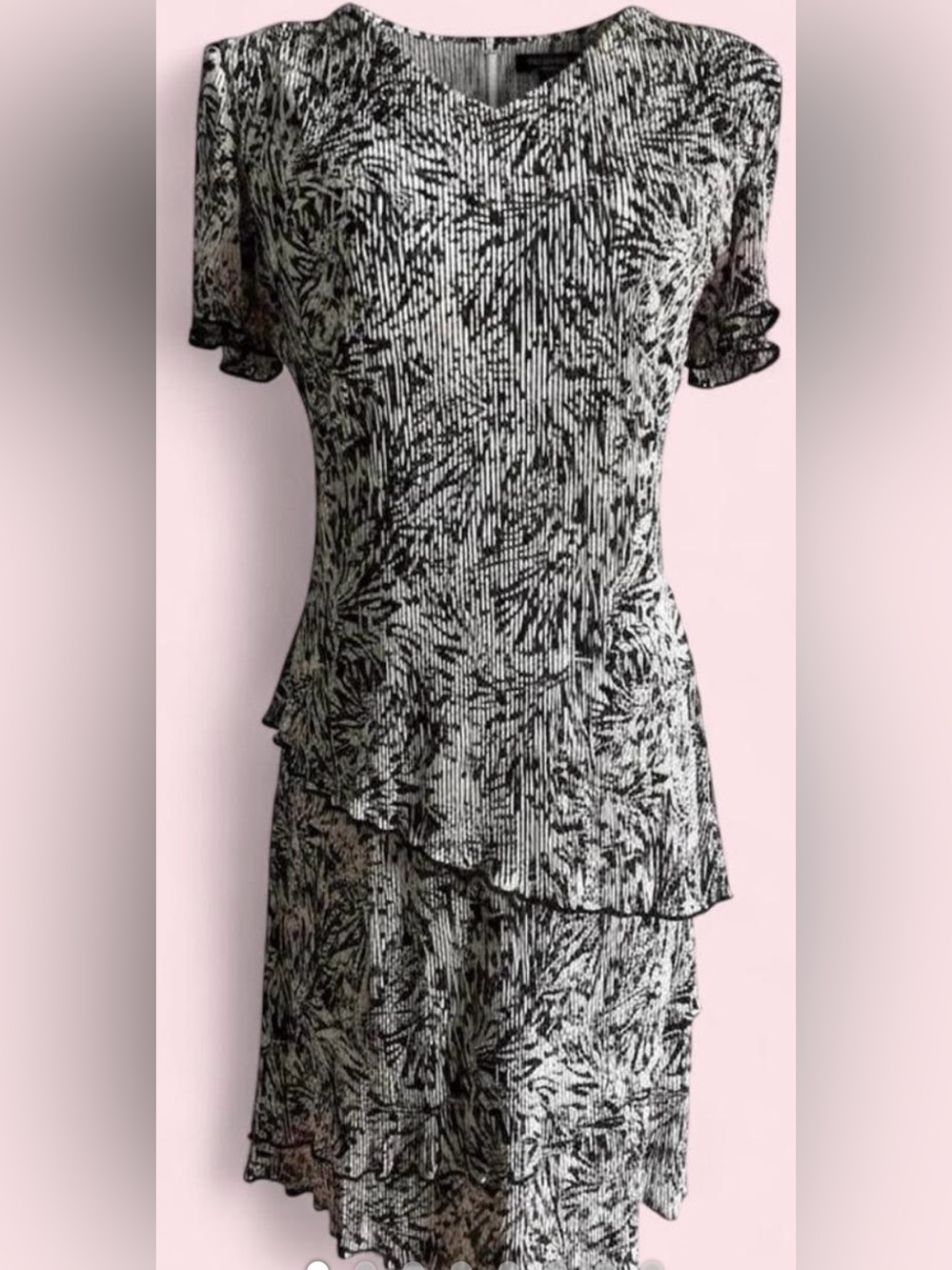 Connected Apparel Vintage 90s Black White Abstract Print Ruffle Mini Dress 6